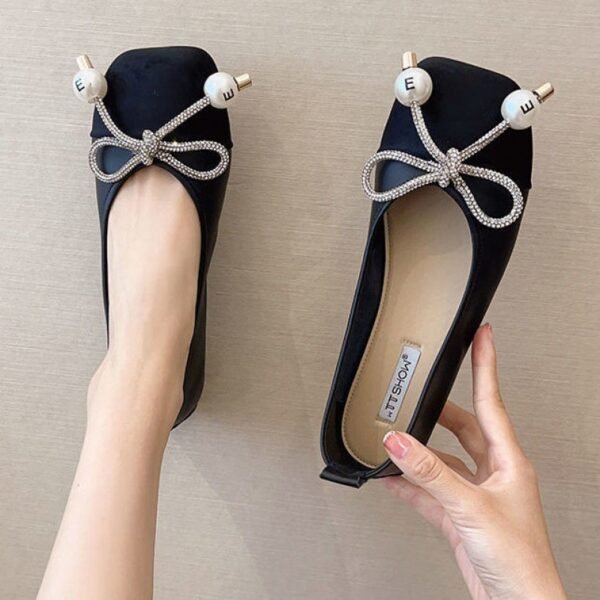 Pearl Bowknot Square Toe Flat Ballerina Shoes With Soft Sole - Image 7