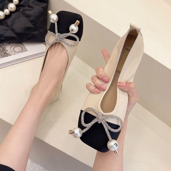 Pearl Bowknot Square Toe Flat Ballerina Shoes With Soft Sole - Image 3