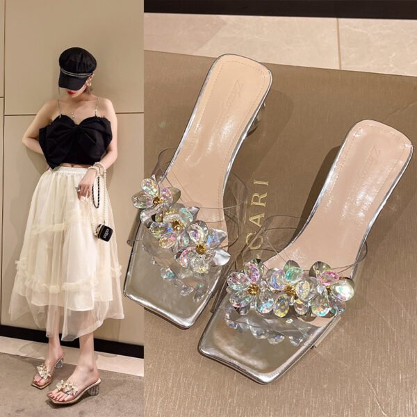 Flower Style Transparent Crystal High Heel Slippers for Women - Image 6