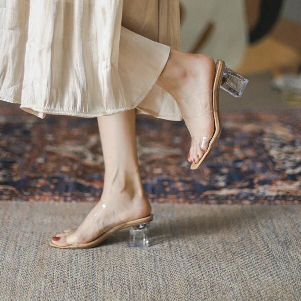Elegant Flat Mid-heel Chunky Crystal High Heels - Image 4