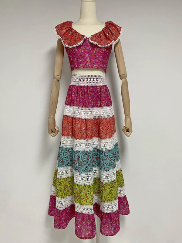 Patchwork Skirt Suit for Women – Hollow Out Top - Image 2