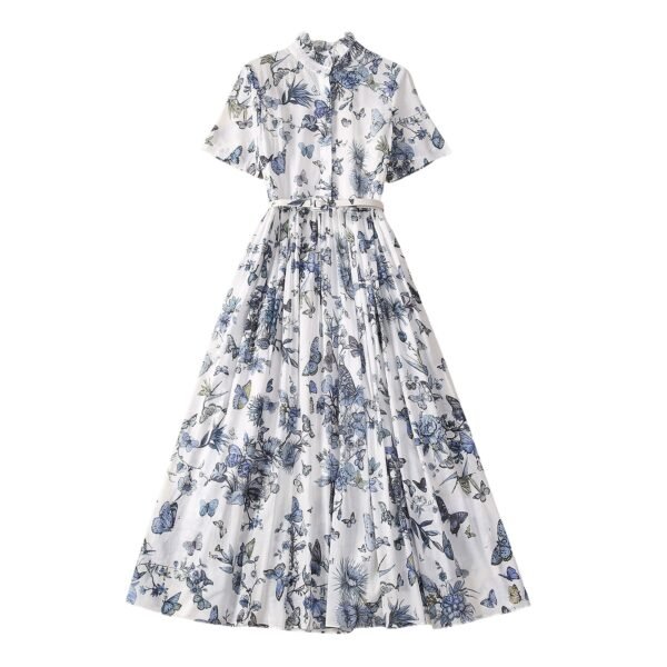 Women’s Stringy Selvedge Stand-up Collar Butterfly Flower Cotton Dress - Image 2