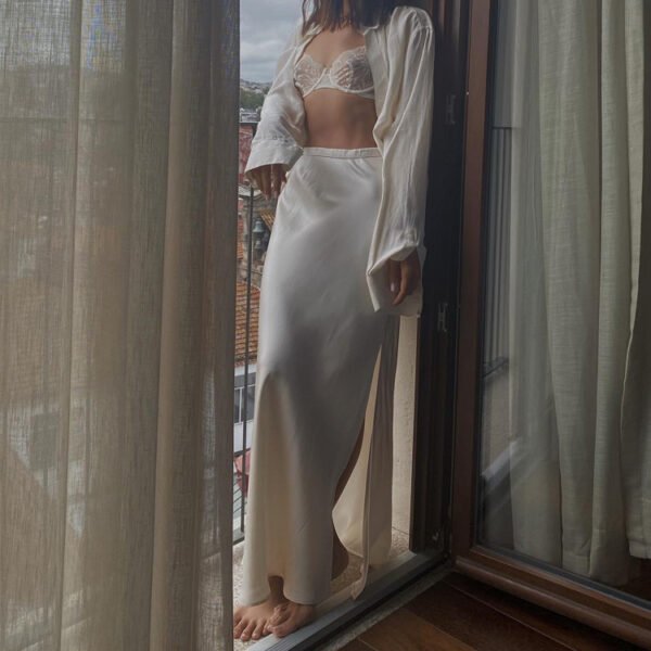 Satin Draping Side Slit High Waist Maxi Skirt - Image 3