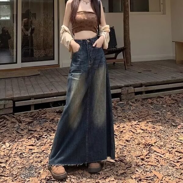 Worn Looking Washed-out Denim Skirt Hot Girl Retro Straight A- Line Design - Image 3