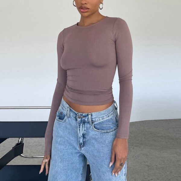 Women's Clothing Fashion Slim Long-sleeved Pullovers Tops Solid Causal Fit Shirts - Image 3