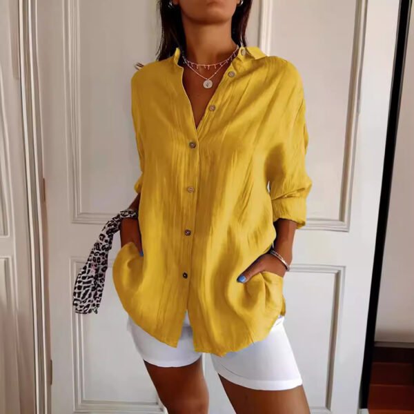 Women’s Lapel Long Sleeve Pleated Shirt – Single-breasted Elegant Top - Image 2
