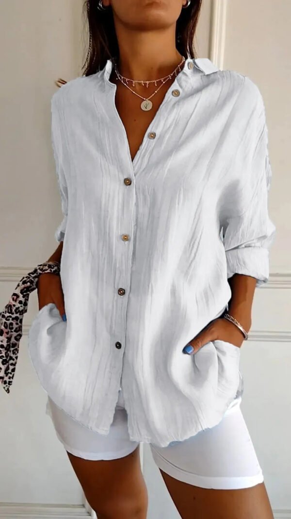 Women’s Lapel Long Sleeve Pleated Shirt – Single-breasted Elegant Top - Image 5