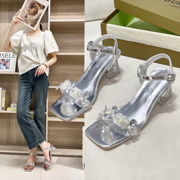 Chunky Heel Rhinestone High Heels – One-strap Outdoor Party - Image 2