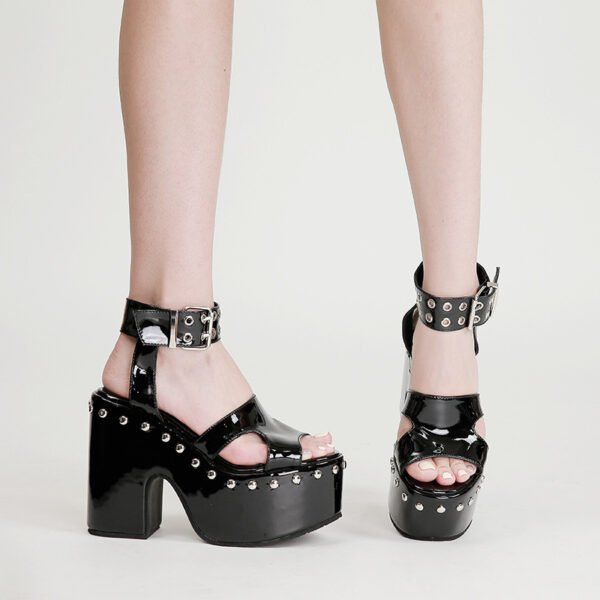 Women’s Block Heel Platform Sandals – Patent Leather Rivet Peep Toe Heels - Image 7