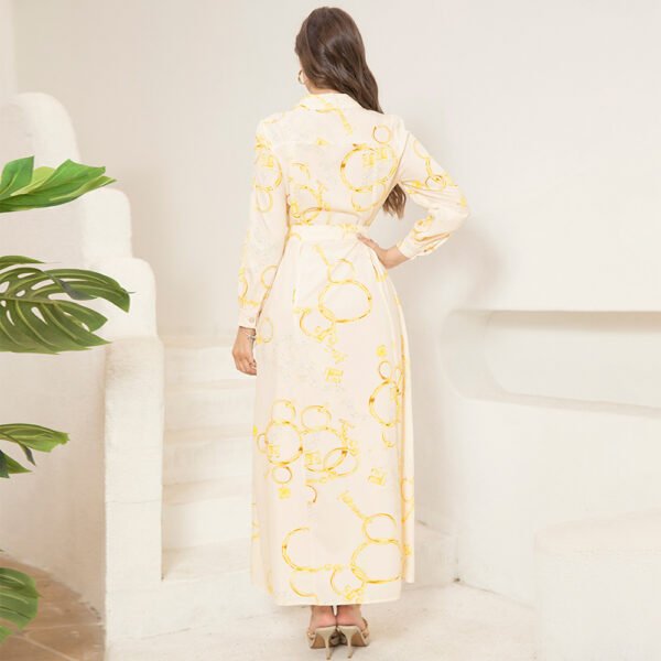 Elegant Lapel Chain Print Long Dress with Belt & Button Closure - Image 4