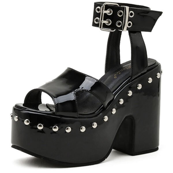 Women’s Block Heel Platform Sandals – Patent Leather Rivet Peep Toe Heels - Image 6