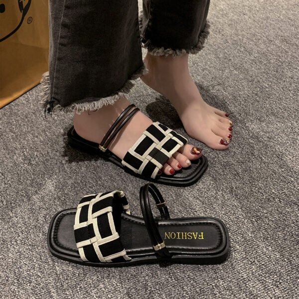 Square Toe Sandals – Women’s Canvas Check Pattern Flats - Image 3
