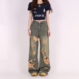 Retro Tattered Love Wide-Leg Jeans