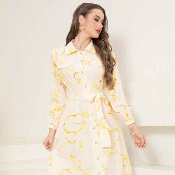 Elegant Lapel Chain Print Long Dress with Belt & Button Closure - Image 5