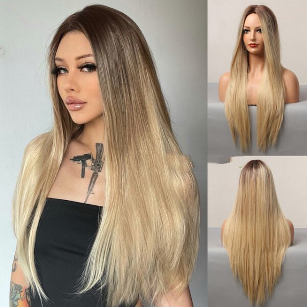 Fashion Brown Grey Long Straight Wig – Natural-Looking Ombre Hair - Image 8