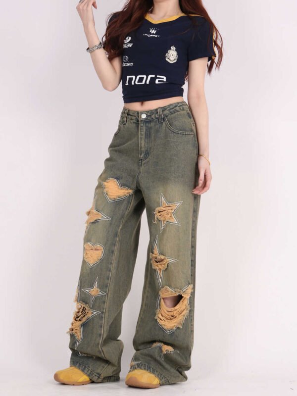 Retro Tattered Love Wide-Leg Jeans – Vintage Distressed - Image 3