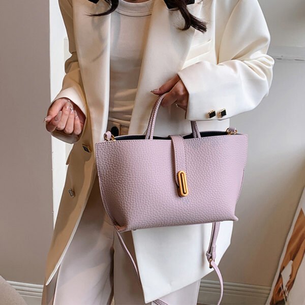 INS Litchi Pattern Shoulder Bag – Fashion Zipper Bucket Tote Handbag - Image 2