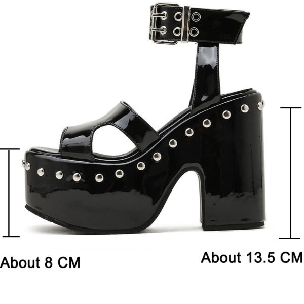 Women’s Block Heel Platform Sandals – Patent Leather Rivet Peep Toe Heels - Image 3