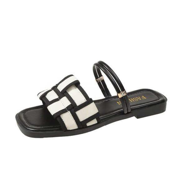 Square Toe Sandals – Women’s Canvas Check Pattern Flats - Image 5