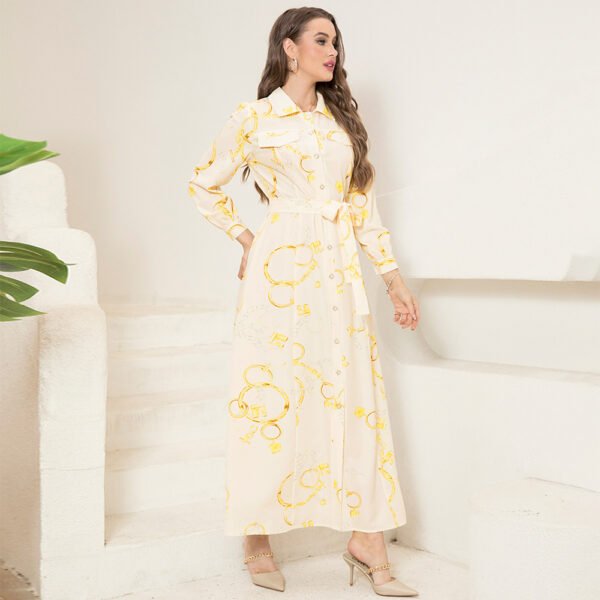 Elegant Lapel Chain Print Long Dress with Belt & Button Closure - Image 2