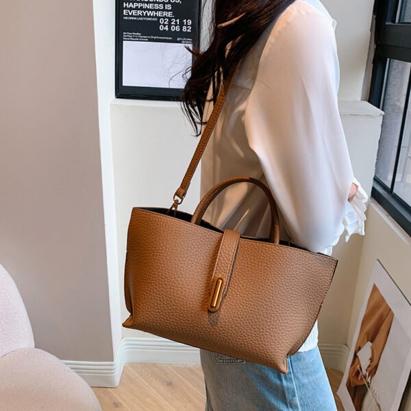 INS Litchi Pattern Shoulder Bag – Fashion Zipper Bucket Tote Handbag - Image 8