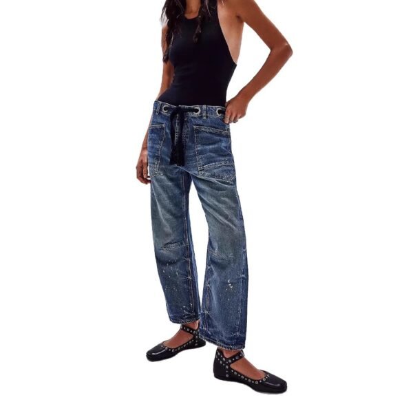 Loose Fit Drawstring Splash-Ink Jeans for Women – Straight Leg Casual Denim - Image 2