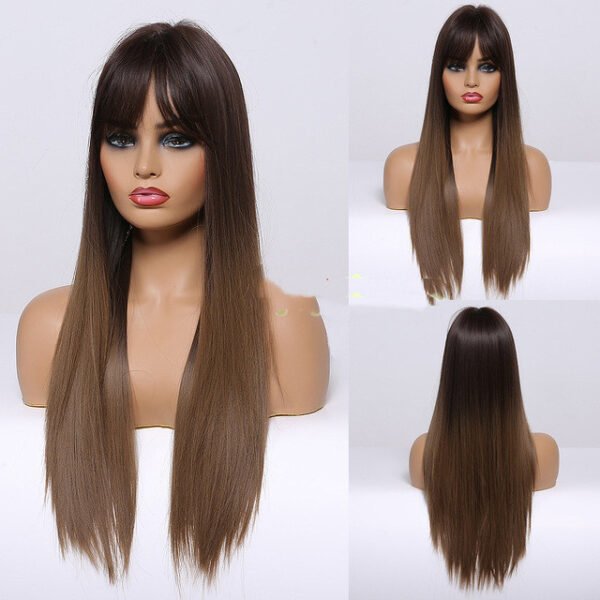 Fashion Brown Grey Long Straight Wig – Natural-Looking Ombre Hair - Image 3