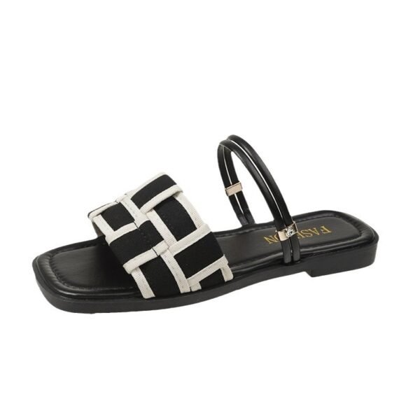 Square Toe Sandals – Women’s Canvas Check Pattern Flats - Image 4