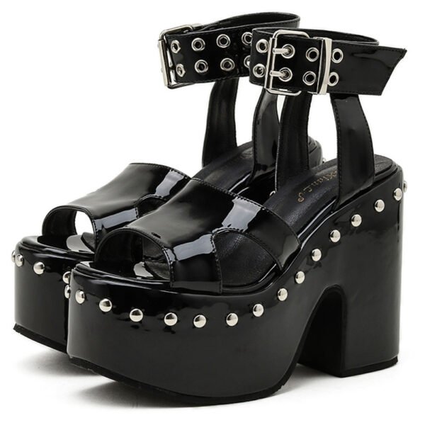 Women’s Block Heel Platform Sandals – Patent Leather Rivet Peep Toe Heels - Image 5