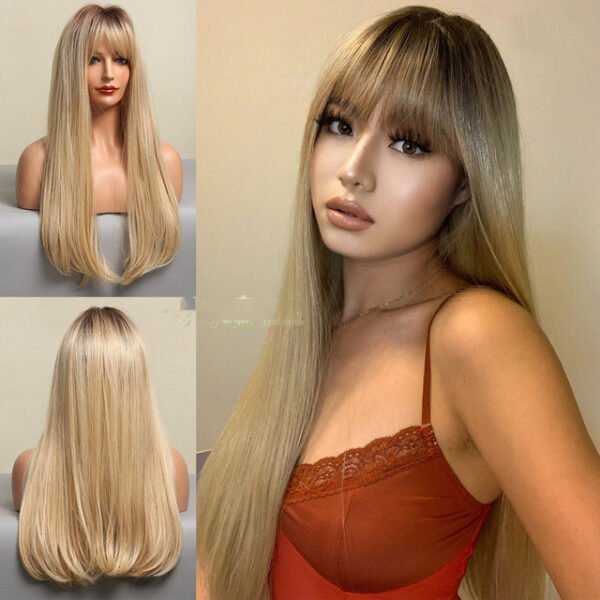 Fashion Brown Grey Long Straight Wig – Natural-Looking Ombre Hair - Image 2