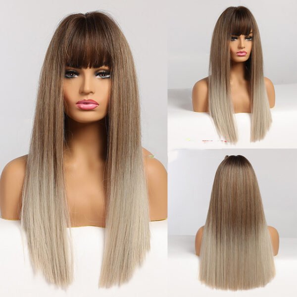 Fashion Brown Grey Long Straight Wig – Natural-Looking Ombre Hair - Image 9