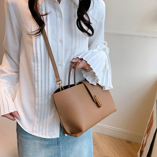 INS Litchi Pattern Shoulder Bag – Fashion Zipper Bucket Tote Handbag - Image 10