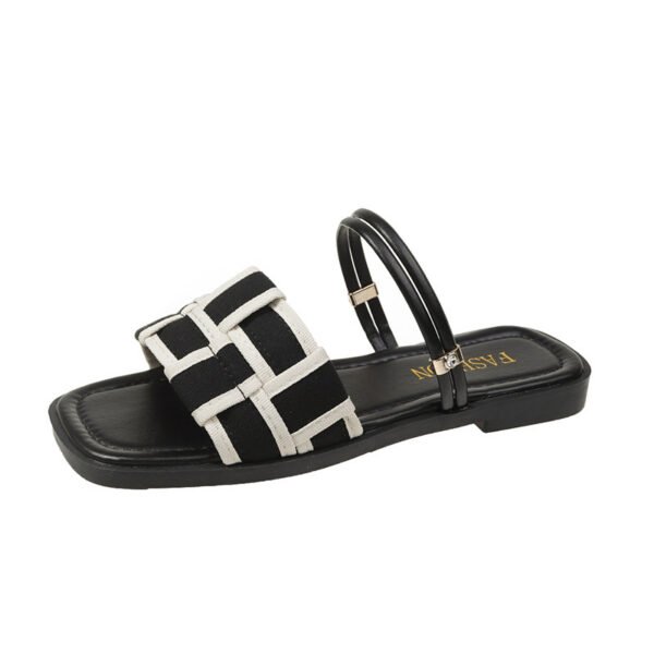 Square Toe Sandals – Women’s Canvas Check Pattern Flats - Image 7