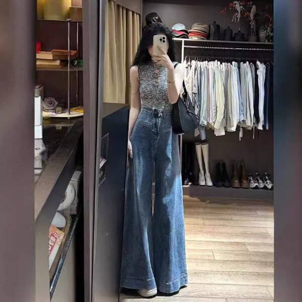 Women’s Retro Blue High Waist Wide Leg Jeans - Image 4