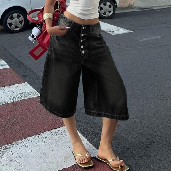 Women’s Multi-Button Denim Shorts - High-Waist Denim Shorts - Image 2