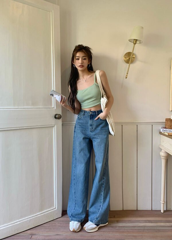 Women’s Retro Patchwork Wide-Leg Jeans – High Waist Cropped Fit - Image 7