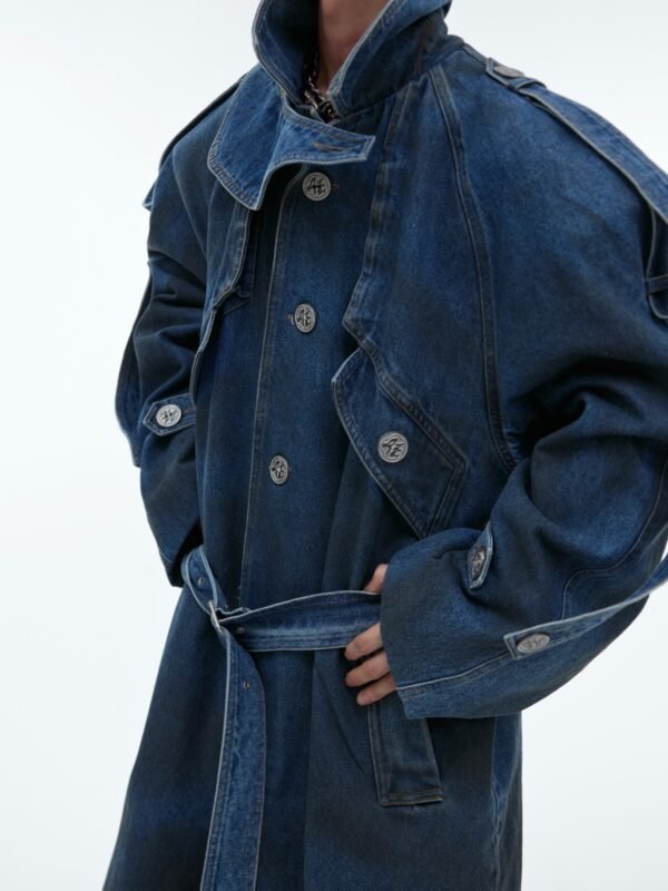Women’s Long Denim Coat – Double-Layer Design with Padded Shoulders - Image 3