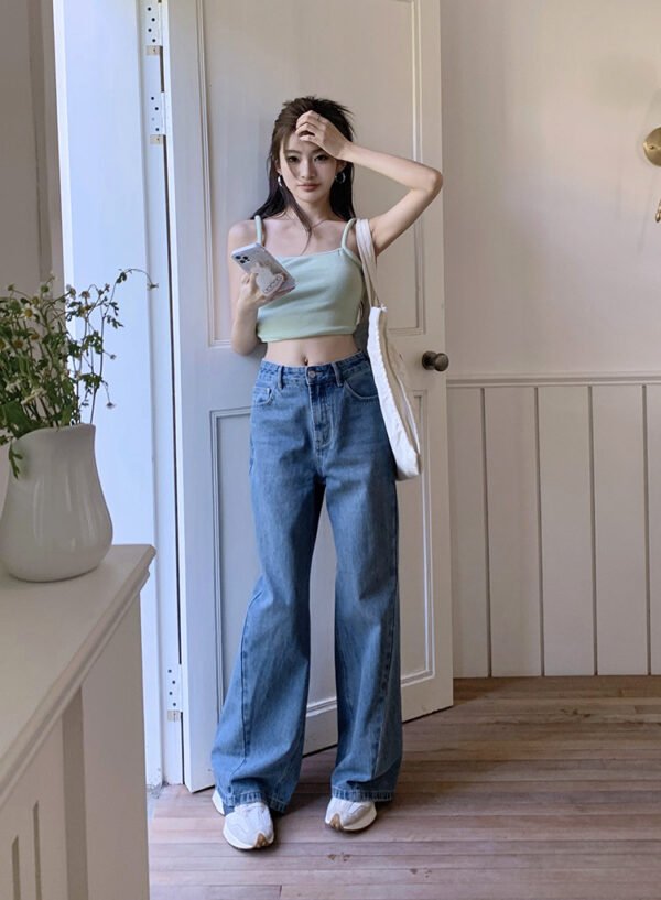 Women’s Retro Patchwork Wide-Leg Jeans – High Waist Cropped Fit - Image 6