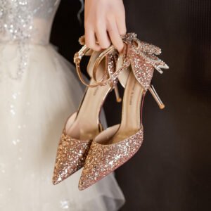 Sequined Bow Closed-Toe High Heels