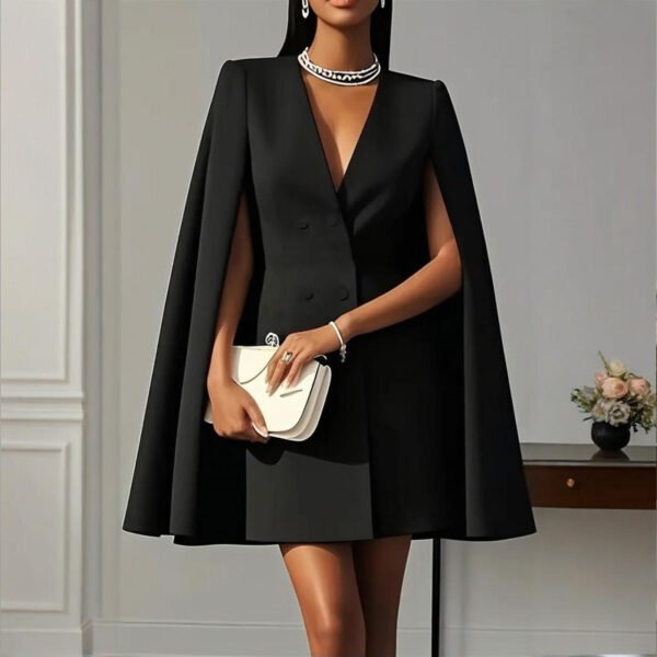 Women's Elegant Solid Color V Neck Double-Breasted Cape Blazer Dress Spring & Summer Party Banquet Outfit - Image 9