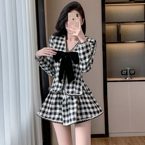 New Bow Long Sleeve Edging Top Skirt Plaid Two-piece Set - Image 3
