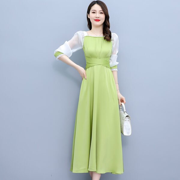 Green Satin Slim Fit Long Dress - Image 2
