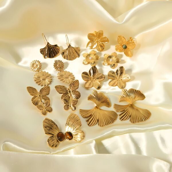 Gold Stainless Steel Butterfly Flower Stud Earrings - Image 7