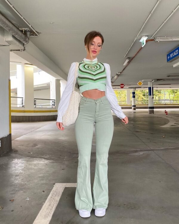 Women's Simple Green Flared Slim Trousers - Image 5