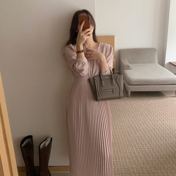 Round Neck French Elegance Pleated Dress - Image 3