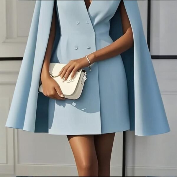 Women's Elegant Solid Color V Neck Double-Breasted Cape Blazer Dress Spring & Summer Party Banquet Outfit - Image 5
