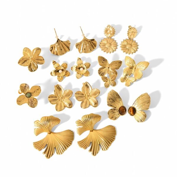 Gold Stainless Steel Butterfly Flower Stud Earrings - Image 4