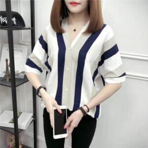 V-neck Striped Shirt Women's Short-sleeved Top