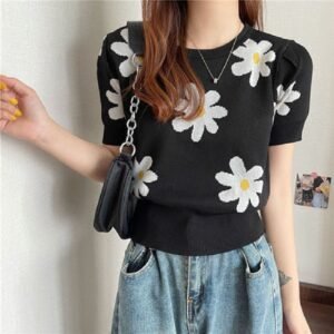 Women's Flower Jacquard Short Sleeve T-shirt