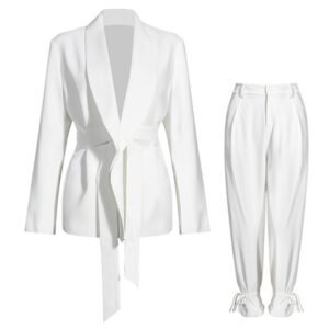 Blazer Pants Bandage White Blazer Coats High Waist Wide Leg Pants Vintage 2 Piece Set